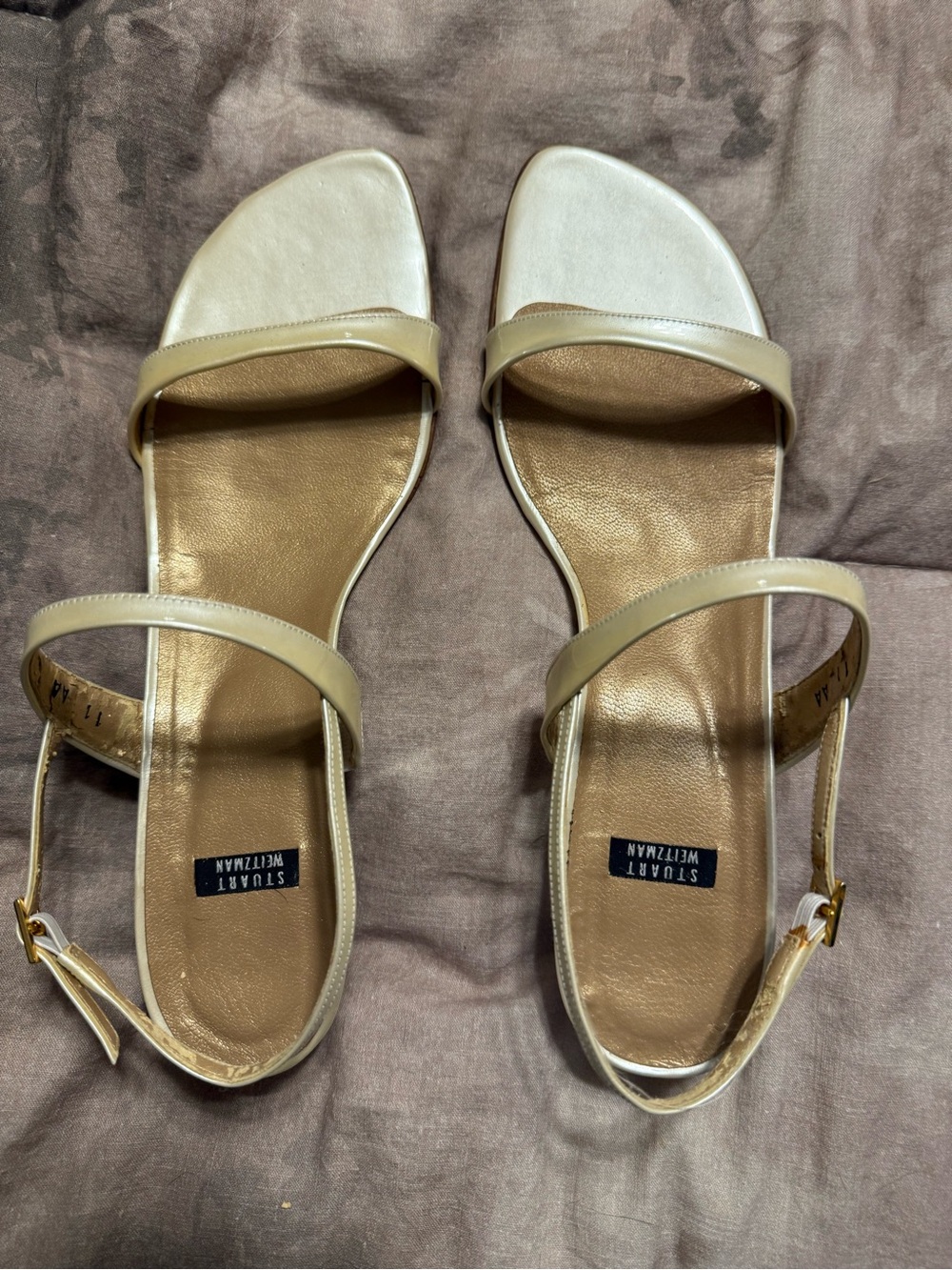 Stuart Weitzman Neutral Beige/Tan Leather Two-Strap Slingback Sandals